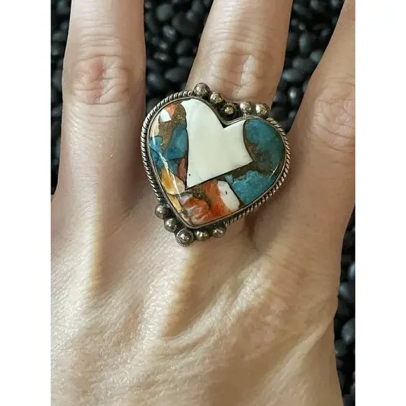 Native American Sw Sterling Silver Orange Spiny🧡💙Turquoise Heart Ring Size 7 - Picture 2 of 5